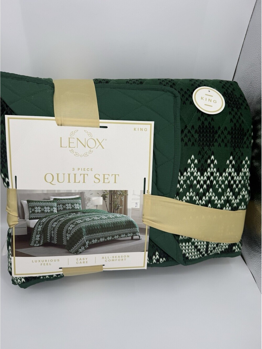 Lenox 3-Piece Green Polyester Quilt Holiday Pattern Quilt Set, King Green